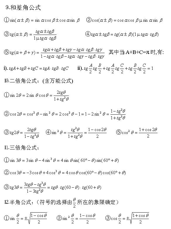 2022年贵州成考高起点数学公式：三角公式总表