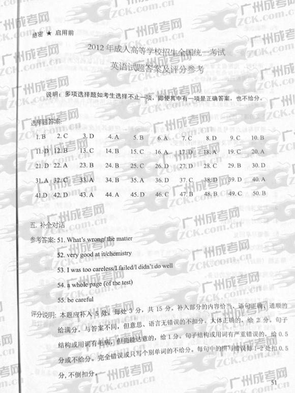 成人高考2012年统一考试英语试题答案及评分参考(1)