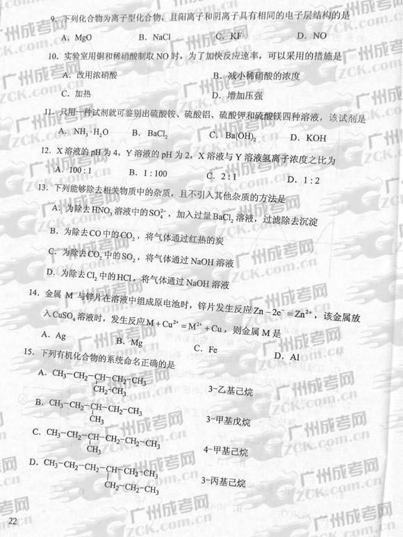 成人高考2012年统一考试物、化试题(3)