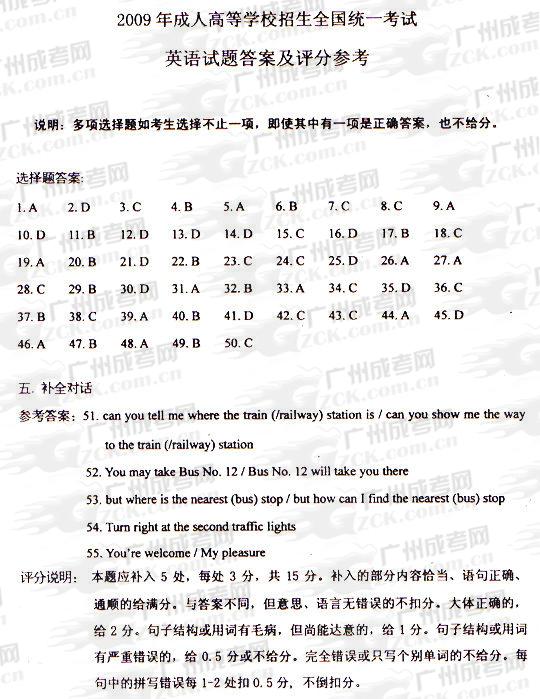 成人高考2009年统一考试英语试题答案及评分参考(1)