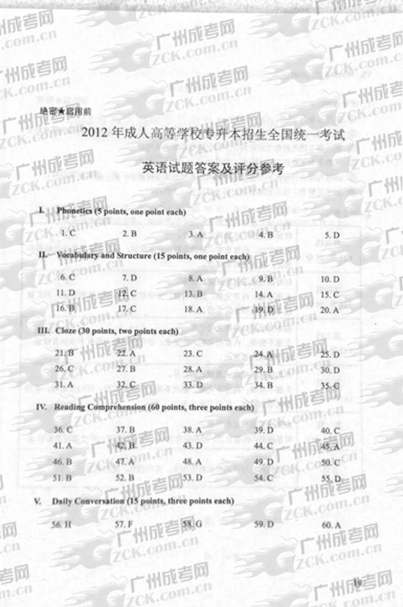成人高考2012年统一考试专升本英语试题答案及评(1)