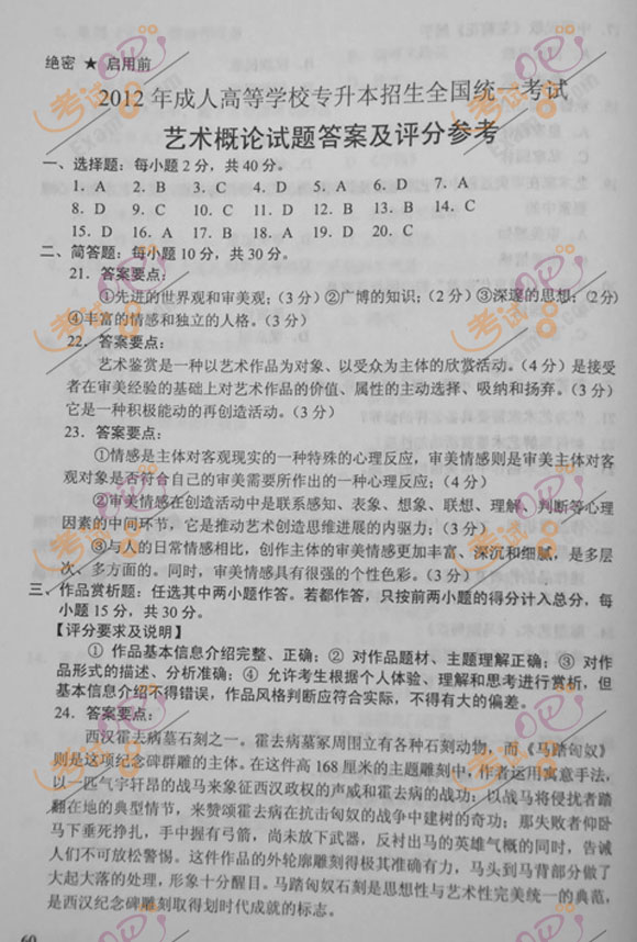 2012年成人高考专升本《艺术概论》试题及答案(4)