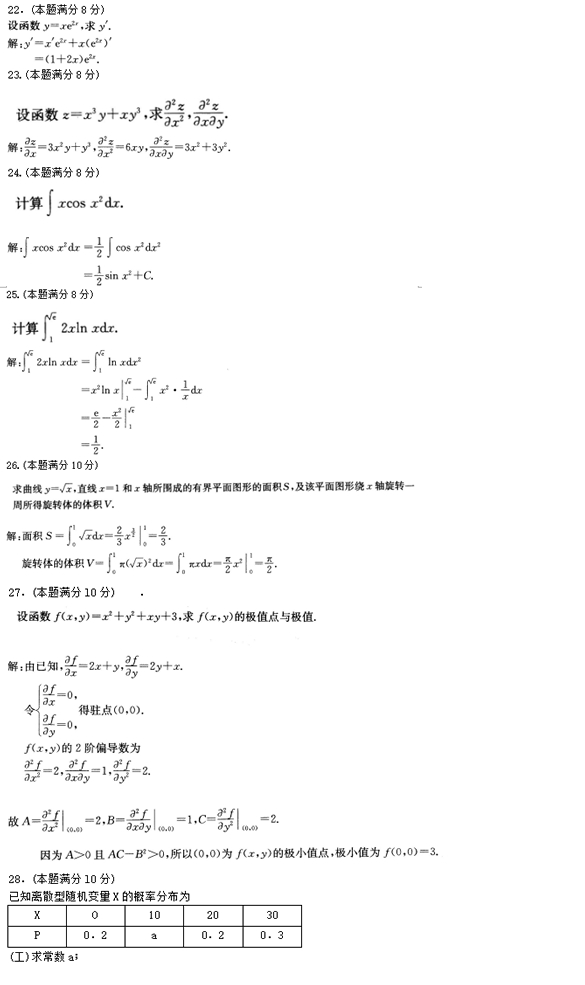 2016年成人高考专升本高等数学二考试真题及参考(3)